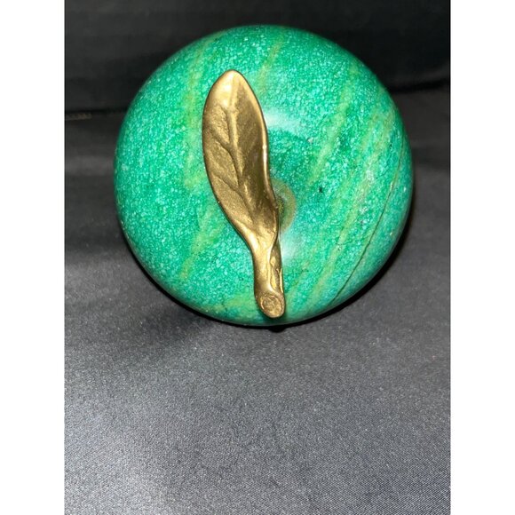 Vintage Emerald Green Marble Apple with Brass Leaf Paperweight 3” - Picture 5 of 5